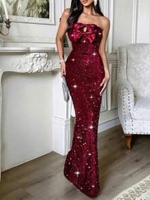 New Women's Autumn-Winter Long Evening Dress, Elegant And Sexy, Tube Top, Flattering Design, Perfect For Gala Parties, Red Carpets, Weddings And Formal Winter Events - 酒紅色 - 查看 4