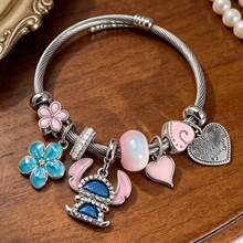 Lilo & Stitch Charm Bracelet, Silver Plated Snake Chain With Pink & Blue Crystal Charms, Ohana Inspired Bracelet For Women, Perfect Daily Wear & Gift - Bạc - Xem 2