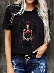 Women's Gothic T-Shirt With Rose Graphic - Black T-Shirt With Red Floral Design, Stylish Casual Shirt For Everyday And Halloween Outfits - Non-See-Through Fabric, Gothic T-Shirt, Crew Neck Top - 黑色 - 查看 1