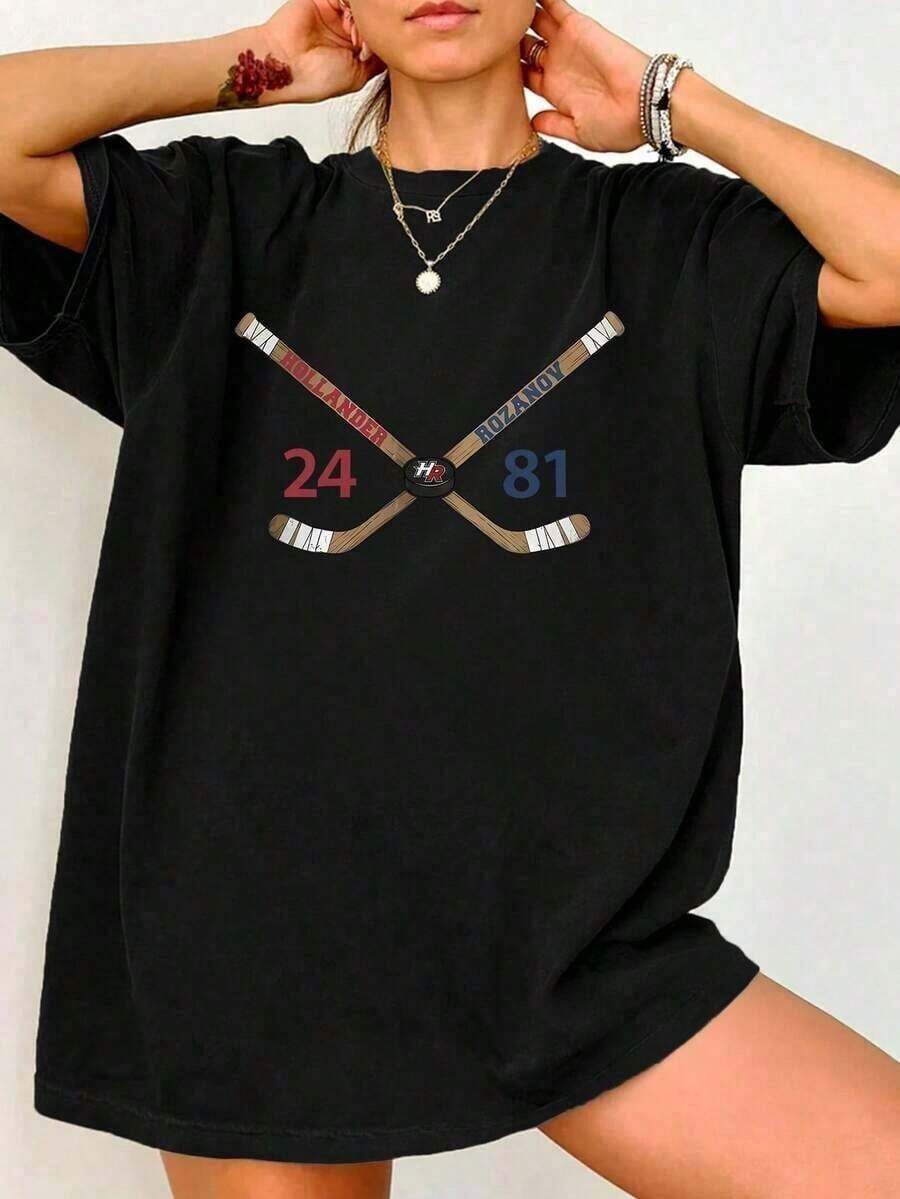 1 Piece New Summer 2026 Collection, Women's Short Sleeve Crew Neck T-Shirt With Ice Hockey Print, Sizes: S–7XL | Ships In 24 Hours 180g 100% Cotton - 黑色 - 查看 1