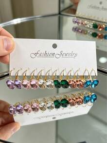 Bộ 6 đôi bông tai dáng dài mạ vàng 14K, đính đá Cubic Zirconia hình vuông nhiều màu sắc, trang sức mùa hè cho nữ, thích hợp đeo hàng ngày dự tiệc, ngày Valentine, Ngày của Mẹ, sinh nhật, du lịch, nghỉ dưỡng, đi biển. - Nhiều màu - Xem 2