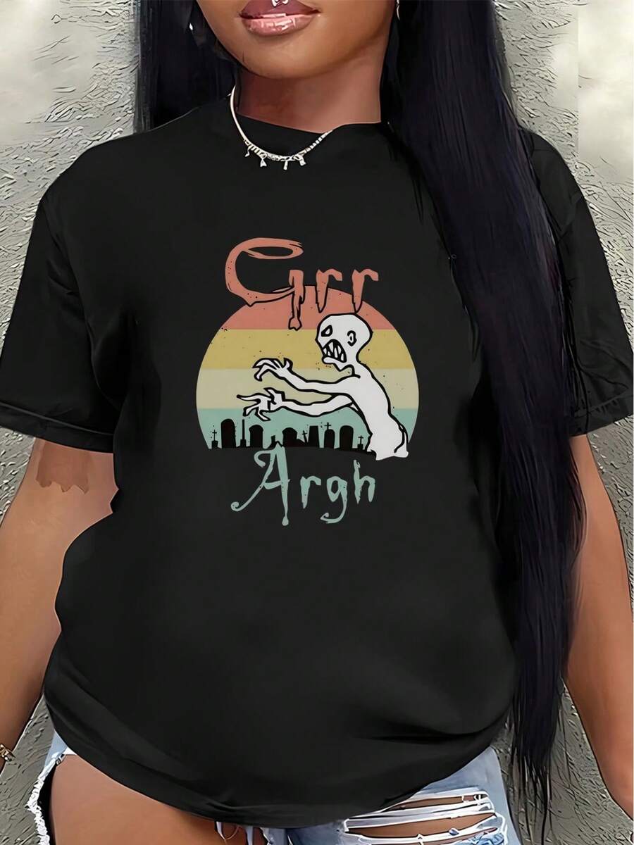 Camiseta de manga corta ligera y duradera, con un diseño de fantasma y atardecer, perfecta para salidas informales en casa o en restaurantes, con un divertido estampado de "Grr Argh".blusa casual mujer - Negro - Ver 1