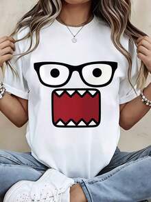 Limited Time Offer, Limited Quantity Available, Flash , Women's Shirts, Women's T-Shirts. Women's Fashionable T-Shirt With Cartoon Monster Face Design For Casual Wear And Everyday Outfits - 白色 - 查看 11