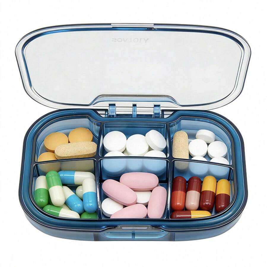Caja de Medicinas Portátil Sellada - Fácil de Guardar en Bolsillos, Bolsos y Carteras, Esencial para Medicación Diaria y Viajes de Negocios, Caja de Almacenamiento de Medicinas con Diseño de Partición de 6 Compartimentos - Pastillero portátil de PP reforzado - Ver 1