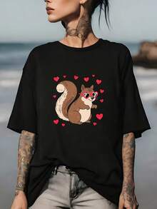 Camiseta Premium para Mujer con Diseño de Ardilla y Corazón - Divertido Regalo para las Fiestas - Camiseta Suave de 180G - Ideal para la Familia, Trabajo y Actividades de Team Building - Top de Verano Cómodo y Resistente a las Arrugas, Apto para Todas las Ocasiones, Ecológico - Negro - Ver 7