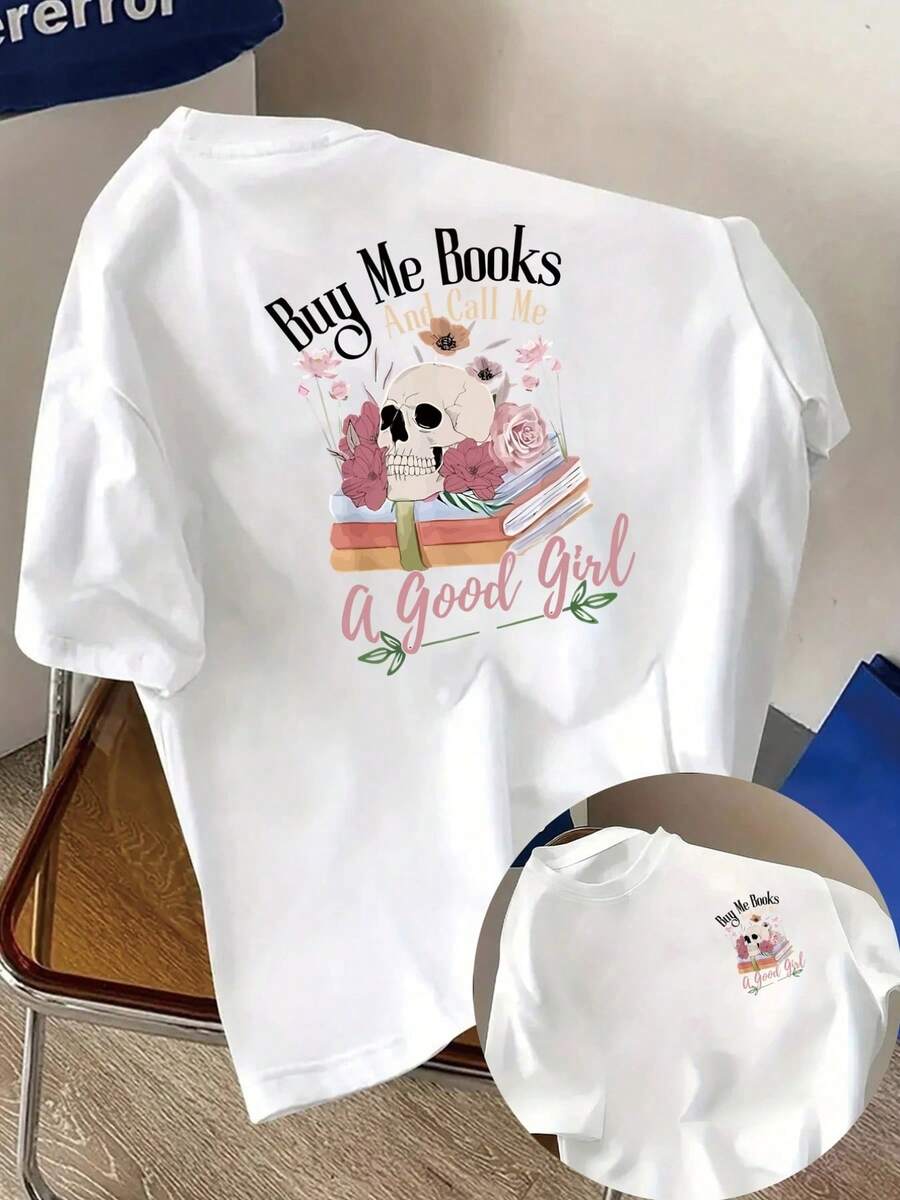 Camiseta Estampada para Mujer con Diseño Colorido de Calaveras y Flores - Camiseta Casual de Manga Corta y Cuello Redondo, con Corte Relajado para Todas las Estaciones, Perfecta para Uso Diario y Atuendos de Vacaciones (Lavable aáquina). - Blanco - Ver 1