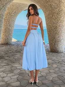 Vestido largo nuevo de verano para mujer, estilo vacacional, top tubo de tirantes, versátil, diseño favorecedor, fresco, perfecto para playa, vacaciones, fiestas y looks de día - Azul - Ver 4
