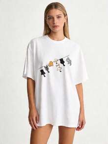 Premium Women's Casual Everyday T-Shirt, Sizes S-2XL, Short Sleeve, Solid Color With Black And White Cat Print. Suitable For Family And Couple Outfits. Perfect For Spring And Summer. Ideal Gift For Mom, Mother's Day, Family Members, And Best Friends. . - 黑色 - 查看 5