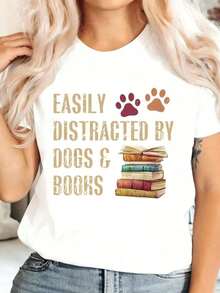 Camiseta casual con estampado de huellas de pata y un montón de libros, ideal para los amantes de los libros y dueños de perros que se distraen fácilmente con los perros y los libros, para uso diario.blusa casual mujer - Blanco - Ver 4