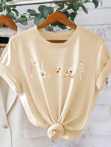 Short-Sleeved T-Shirt With Yoga Pose And Letter Print, Round Neck, Cool Style For Women, Elegant, Casual, Loose, For Parties And Holidays, Spring Summer 2026, Easy To Match, Versatile, For Going To Work, Sizes S-XXL, Winter Clothing For Women. - 杏色 - 查看 1