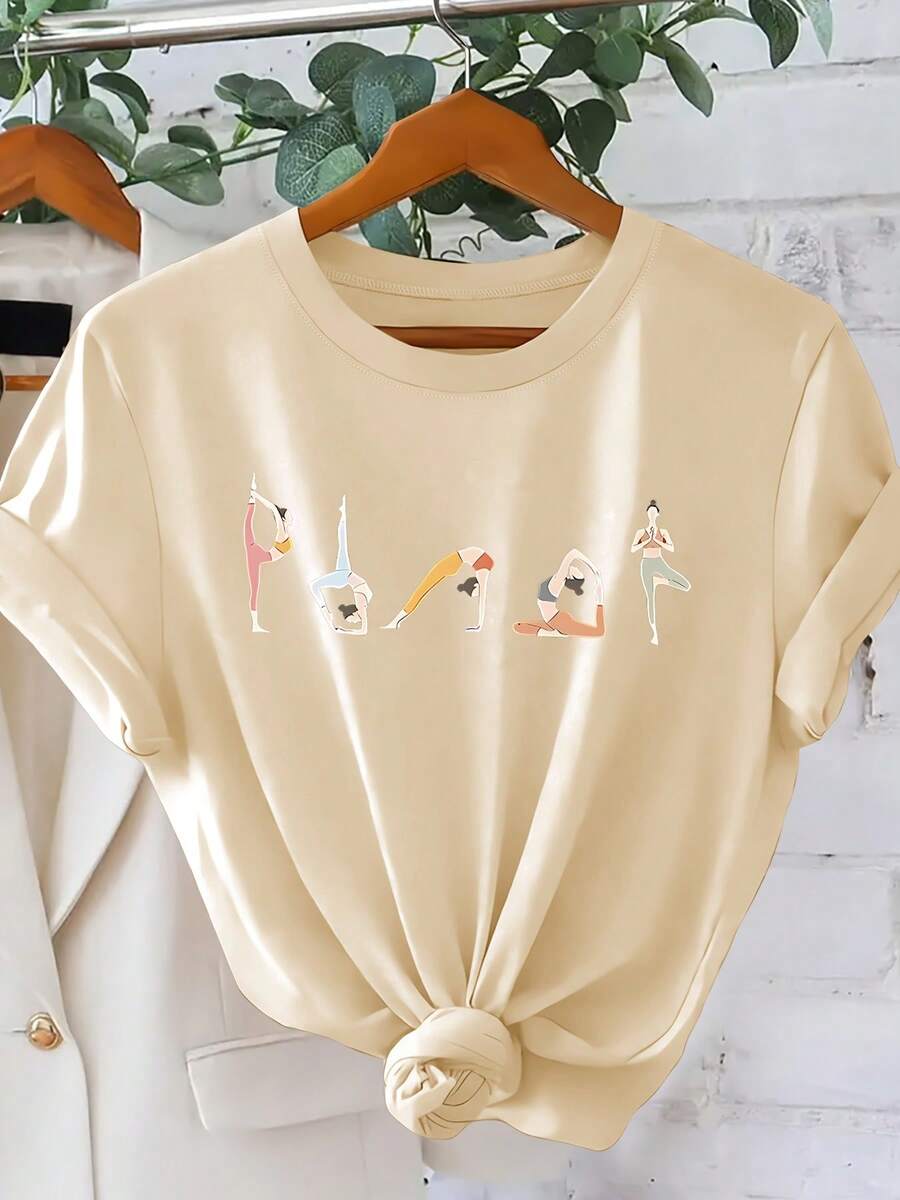 Short-Sleeved T-Shirt With Yoga Pose And Letter Print, Round Neck, Cool Style For Women, Elegant, Casual, Loose, For Parties And Holidays, Spring Summer 2026, Easy To Match, Versatile, For Going To Work, Sizes S-XXL, Winter Clothing For Women. - 杏色 - 查看 1
