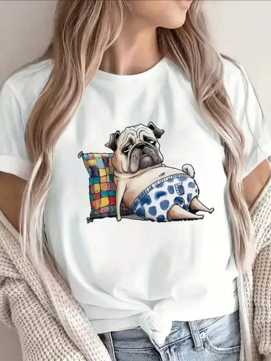 Soft 100% Cotton Women's T-Shirt, Casual Crew Neck Tee, Loose-Fitting Printed Tee With A Fun Design Featuring A Pug In Blue Polka Dot Underwear, Machine Washable, Suitable For Summer Parties, Gifts, And Casual Wear, Comfortable Fabric, Short Sleeves With A Crew Neck, Casual And Comfortable Style. Breathable Cotton T-Shirt, Goes With Everything. - 白色 - 查看 1