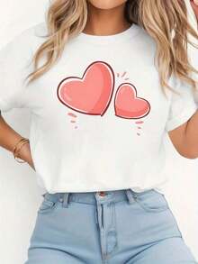 Camiseta de talla grande para mujer con estampado gráfico de amor, manga corta y cuello redondo, top casual para verano y primavera, ropa de mujerSuitable for spring, summer and autumn - Blanco - Ver 7