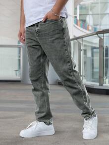 Jeans rectos casuales de unicolor para hombres - Verde militar - Ver 2