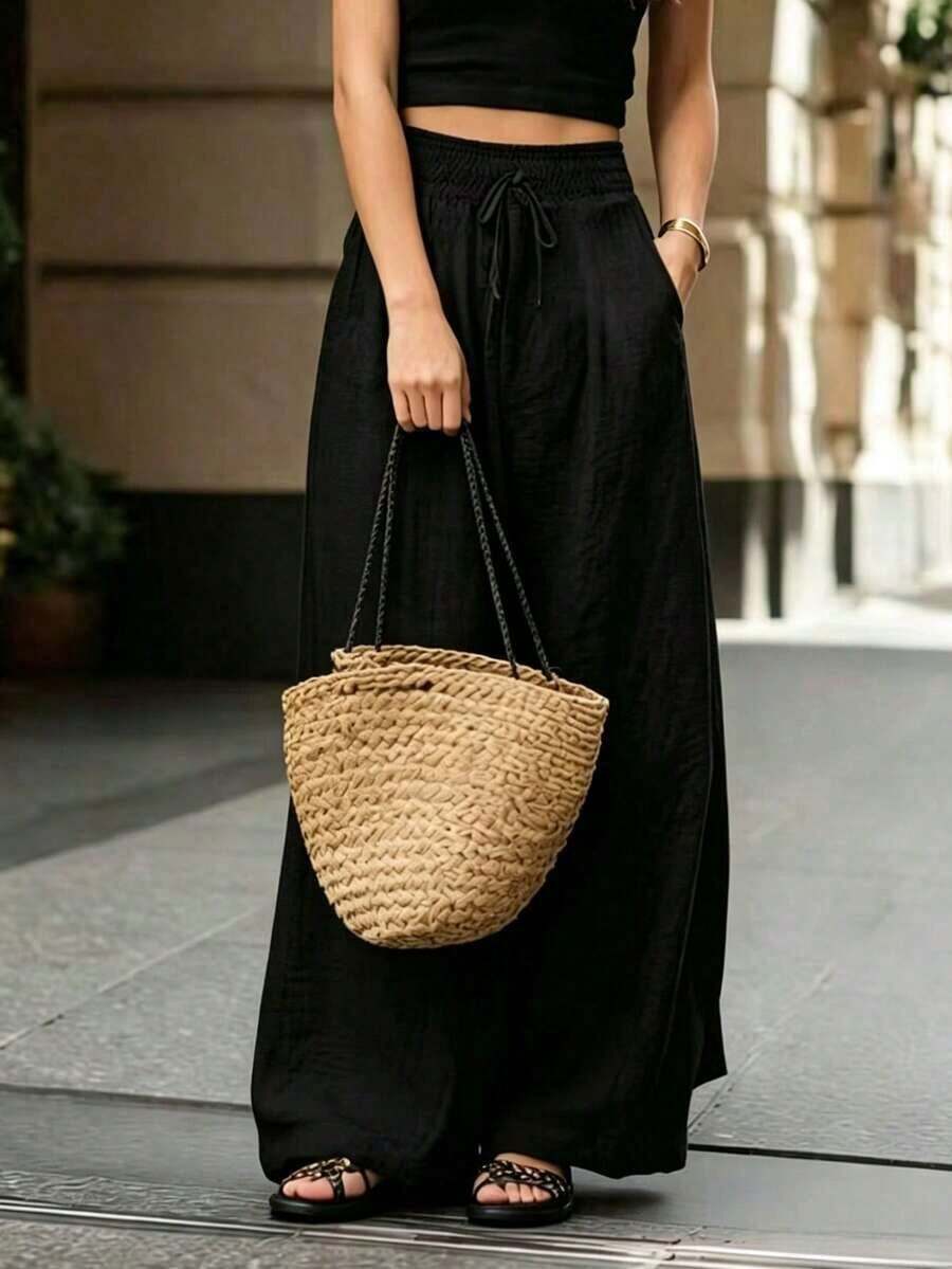 Women's High-Waisted, Loose-Fitting, Solid-Color Wide-Leg Pants, A Stylish And Fashionable Outfit Suitable For Spring, Summer, Autumn, And Winter. Appropriate For Vacations, Work, And Everyday Wear, These Pants Showcase A Graceful Elegance And Are Suitable For Parties, The Beach, Romantic Dates, Casual And Elegant Work Attire, And Versatile For Daily Use. - 黑色 - 查看 1