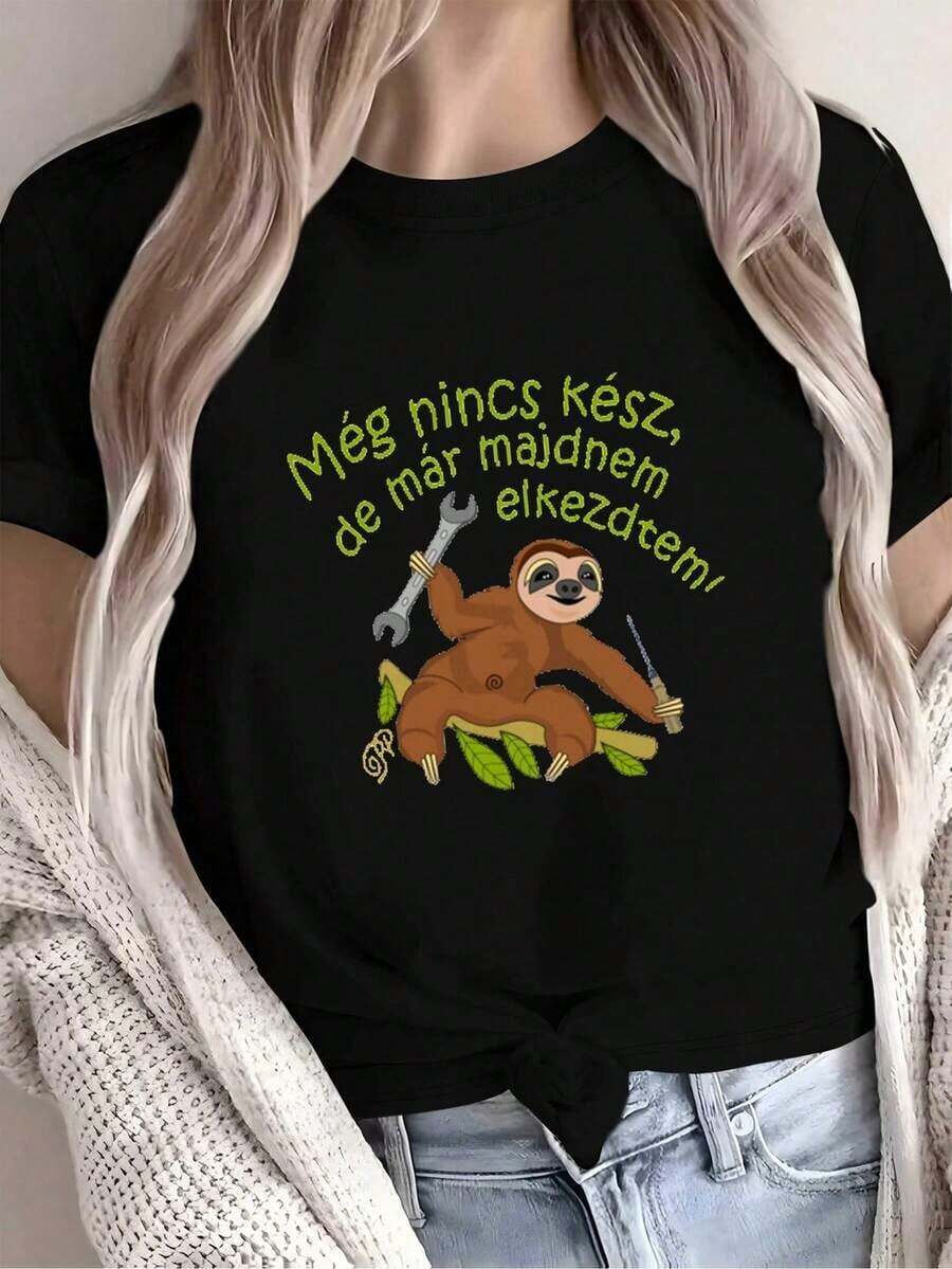 1 Piece Of Women's Winter Clothing, Casual Sloth Print T-Shirt With Tools For Fun Lovers In Everyday Life, Round Neck, Short Sleeve, Casual And Fashionable Top, Elegant Outfit For Parties, Christmas Clothes, Christmas Gift, Autumn Clothes, Soft Material, Printed Shirt For Women. - 黑色 - 查看 1