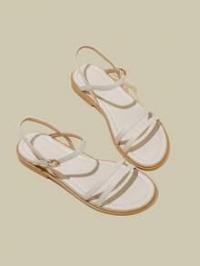 ManLuZi Sandal Wanita Warna Aprikot dengan Tali Terbuka di Ujung Kaki, Sandal Pantai Minimalis dengan Tali Tipis dan Sol Lembut untuk Musim Panas - Aprikot - View 5