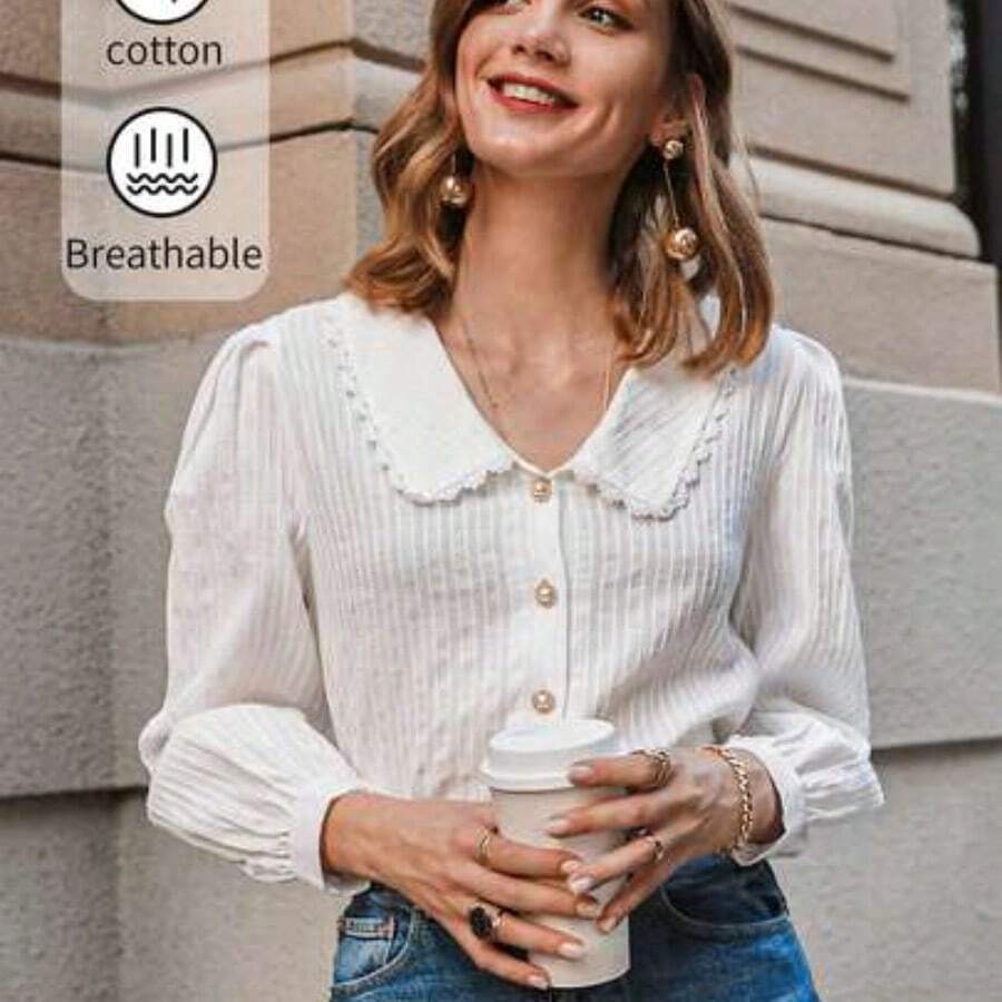 Simplee Blusa de manga abultada con cuello estilo universitario de unicolor, atuendos para maestras, regreso a la escuela en primavera blanco - Blanco - Ver 1