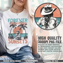 Persiguiendo siempre los atardeceres| Diseño de vaquera playera| Camisa de playa sublimada| Diseño de camiseta de verano| Diseño retro de playa| Digital - Blanco - Ver 1