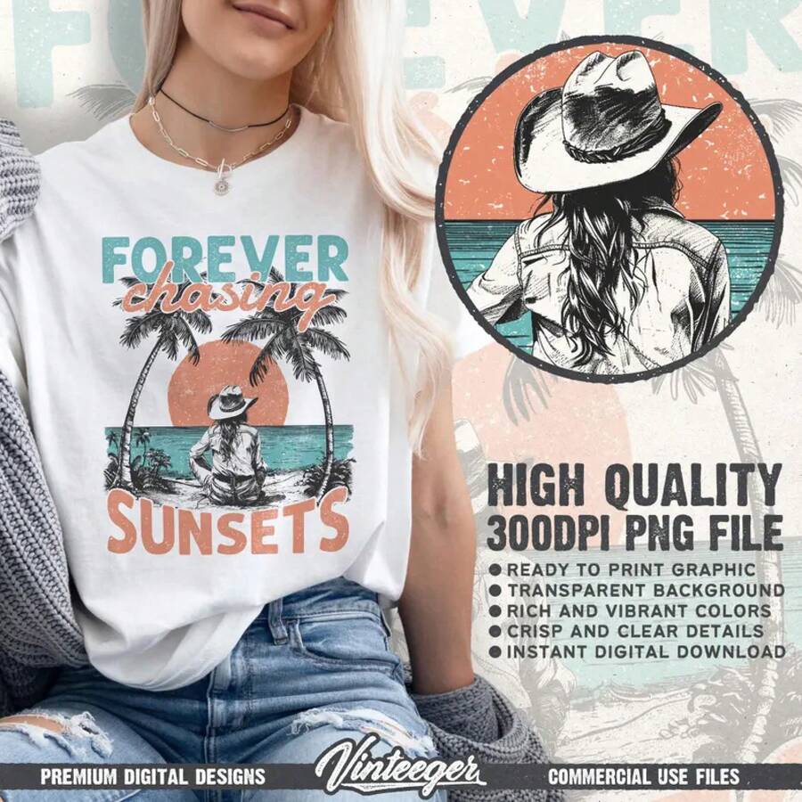 Persiguiendo siempre los atardeceres| Diseño de vaquera playera| Camisa de playa sublimada| Diseño de camiseta de verano| Diseño retro de playa| Digital - Blanco - Ver 1