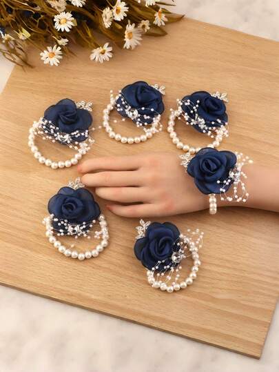 1 cái/6 cái Vòng hoa cài cổ tay kiểu Hàn Quốc màu xanh hải quân thanh lịch, đính lá bạc, hạt pha lê và ngọc trai, trang trí cổ tay cho cô dâu và phù dâu trong đám cưới, dạ hội, tiệc tùng, ngày Valentine.