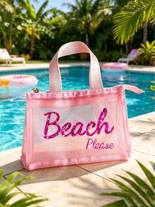 3層網格化妝包 'beach Please' 閃亮印花 | 透明大容量盥洗包，輕量旅行口紅 & 化妝品收納袋，耐用聚酯纖維拉鍊開關 - 彩色 - 查看 11
