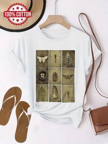 Camiseta con estampado gráfico, manga corta y cuello redondo, top casual para verano y primavera, ropa de mujer - Blanco - Ver 2