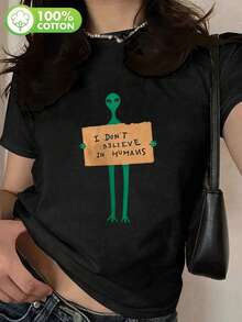 Women's Casual Alien Graphic Short Sleeve Round Neck T-Shirt, Cute Knitted Fabric Regular Fit Top For Everyday Wear - Black - View 2