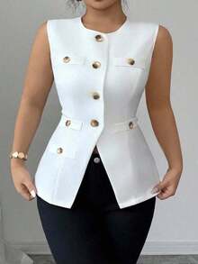 ajustado de estilo francés minimalista, versátil y cómodo con abertura frontal, adelgazante, blazer de verano para mujer de talla grande de tejido tejido elegante y sofisticado - Blanco - Ver 1