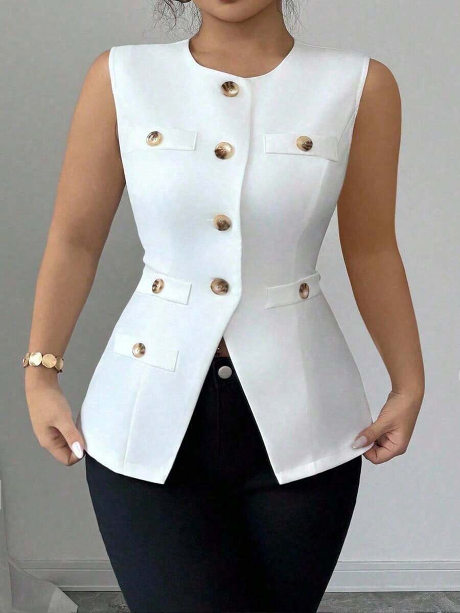 ajustado de estilo francés minimalista, versátil y cómodo con abertura frontal, adelgazante, blazer de verano para mujer de talla grande de tejido tejido elegante y sofisticado - Blanco - Ver 1