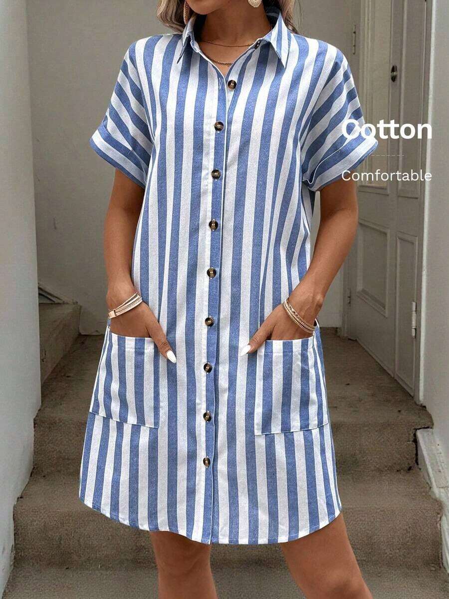 Vestido camisero de rayas azules y blancas rastreable de algodón para mujer - Azul y blanco - Ver 1