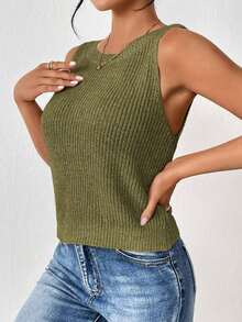 Frenchy Chaleco de suéter sin mangas retorcido de punto sólido para mujeres, casual y versátil para atuendos diarios - Verde militar - Ver 4