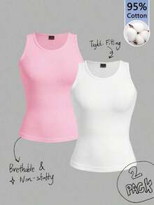 2 piezas de camiseta de tirantes de mujer de ajuste ceñido con estampado minimalista de letras de California en negro y blanco - 95% algodón, para primavera y verano, uso en todas las estaciones, vuelta al colegio, ropa de casa y deporte, estilo re - Multicolor 2 - Ver 10