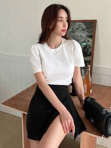 Camiseta de manga abullonada de color sólido, crop tops para mujeres - Blanco - Ver 7