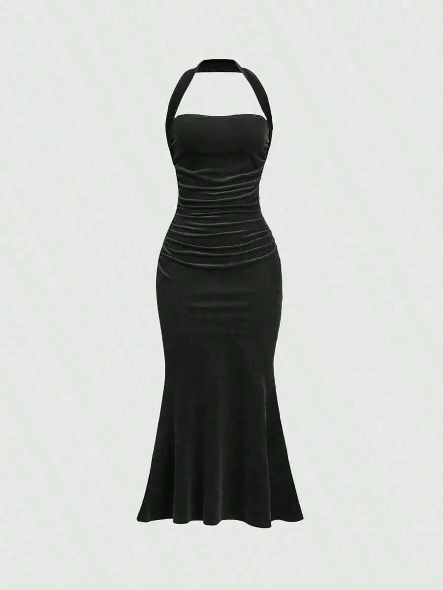 Vestido con cuello de halter y bajo de cola de sirena para mujer, vestido elegante sin espalda con pliegues sin mangas y ajuste ceñido color rosa intenso liso para fiestas y salidas nocturnas, vestido largo de mujer para primavera/verano - Negro - Ver 1