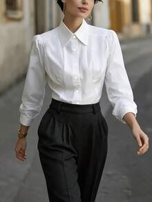 1件女款休閒優雅時尚簡約百褶前開衩長袖領襯衫，前扣鈕扣上衣，適合工作與通勤，白色 - 白色 - 查看 2