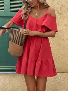 Vestido corto elegante de mujer con cuello en V, volantes, cintura y línea A, con estampado de lunares marrones y hombros descubiertos - Rojo - Ver 6