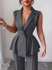 Conjunto de traje elegante y romántico para mujer con blazer sin mangas, cuello y cintura ceñida, talla grande - Gris Oscuro - Ver 5