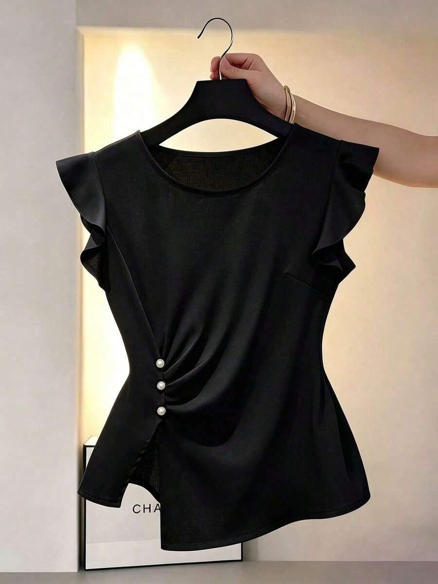 Blusa de mujer nueva y elegante con bajo asimétrico y mangas con volantes, ropa casual para vacaciones, uso diario, adecuada para el Día de San Valentín, Carnaval, playa, vacaciones de verano - Negro - Ver 1