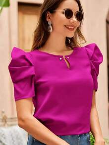 Clasi Blusa de cuello con abertura de ojo de manga farol - Rojo violeta - Ver 6