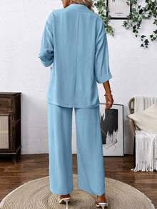 Conjunto de chaqueta y pantalones de unicolor de manga larga para mujer, traje casual - Celeste - Ver 2