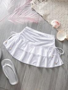 Bottom de traje de baño de mujer, sexy y de moda, fondo blanco, falda plisada de malla de verano para vacaciones, rojo - Blanco - Ver 3