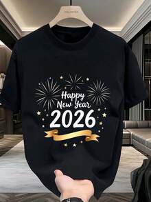 1 Piece Unisex Soft Cotton T-Shirt For Men And Women, Happy New Year 2026 Design, Festive Party Clothes, Gift For The Christmas Season, Summer, Lightweight, Breathable, Short Sleeve - 黑色 - 查看 3