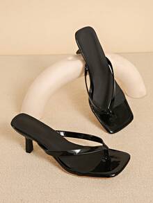 Sandal Selop Ujung Persegi Ukuran Besar untuk Musim Panas, Sandal Jepit Hak Tipis, Sandal Jepit Serbaguna dengan Hak Tipis untuk Wanita - Hitam - View 3