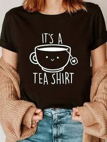 IT's TEA SHIRT Short Sleeve T-Shirt - Coffee And Tea Letter Print, Round Neck, Casual Blouse, Suitable For All Seasons, Versatile Casual Outfit With IT's TEASoft 100% Cotton. - 黑色 - 查看 1