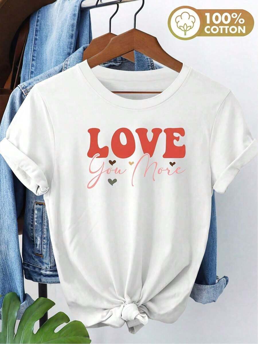 Women's Fashionable Printed Casual Elegant T-Shirt - Love And Stars Design, Black And White Lettering "Love You More", Round Neck, Short Sleeve, Pure Cotton, Versatile For Everyday Wear And Vacations, Sizes S-XXL, Vintage Style T-Shirt, Non-Stretch And Comfortable, Fashionable Top, Heart Design, Vacation Outfit, Success - 白色 - 查看 1