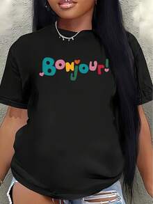 This Lightweight And Durable Short-Sleeved T-Shirt, Featuring A Vibrant Bonjour Print Design, Is Perfect For Casual Outings At Home, In Cafes, Or During Outdoor Activities, Offering A Comfortable Everyday Wear Experience. Women's Blouses > Clothing - 黑色 - 查看 7