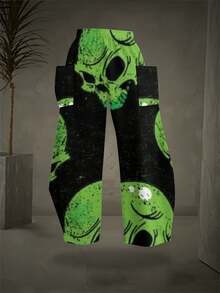2026 Summer New Styles Green Skulls On Black Background Pattern Print Women's Wide-Leg Pants All-Season Machine Washable Plus Size - 白色 - 查看 2