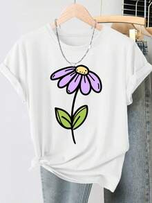 Camiseta Vintage para Mujer con Estampado de Margaritas Moradas - Blusa Suave de Cuello Redondo y Manga Corta - Top Compatible |   Blusa Casual de Primavera, Verano y Otoño, Adecuada para Uso Diario, Lavable aáquina, Estilo Retro Juvenil - Blanco - Ver 6