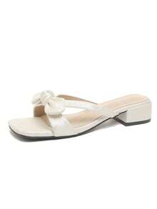 Sandalias para mujer con tacón bajo grueso y ancho, lazo, punta abierta y forma cuadrada, sandalias tipo mule casuales de verano sin cordones - Blanco - Ver 3